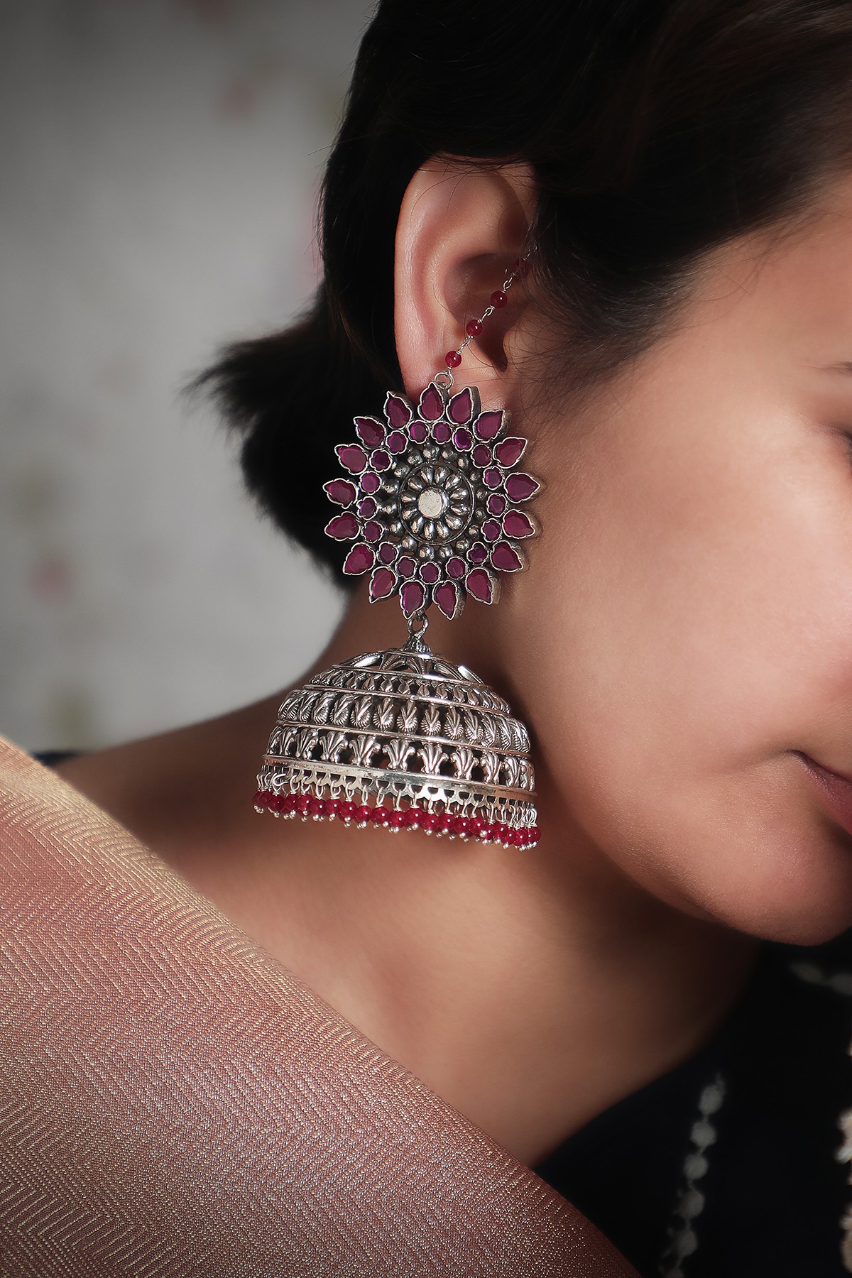 Pink Dual Tone Silver Jhumkis