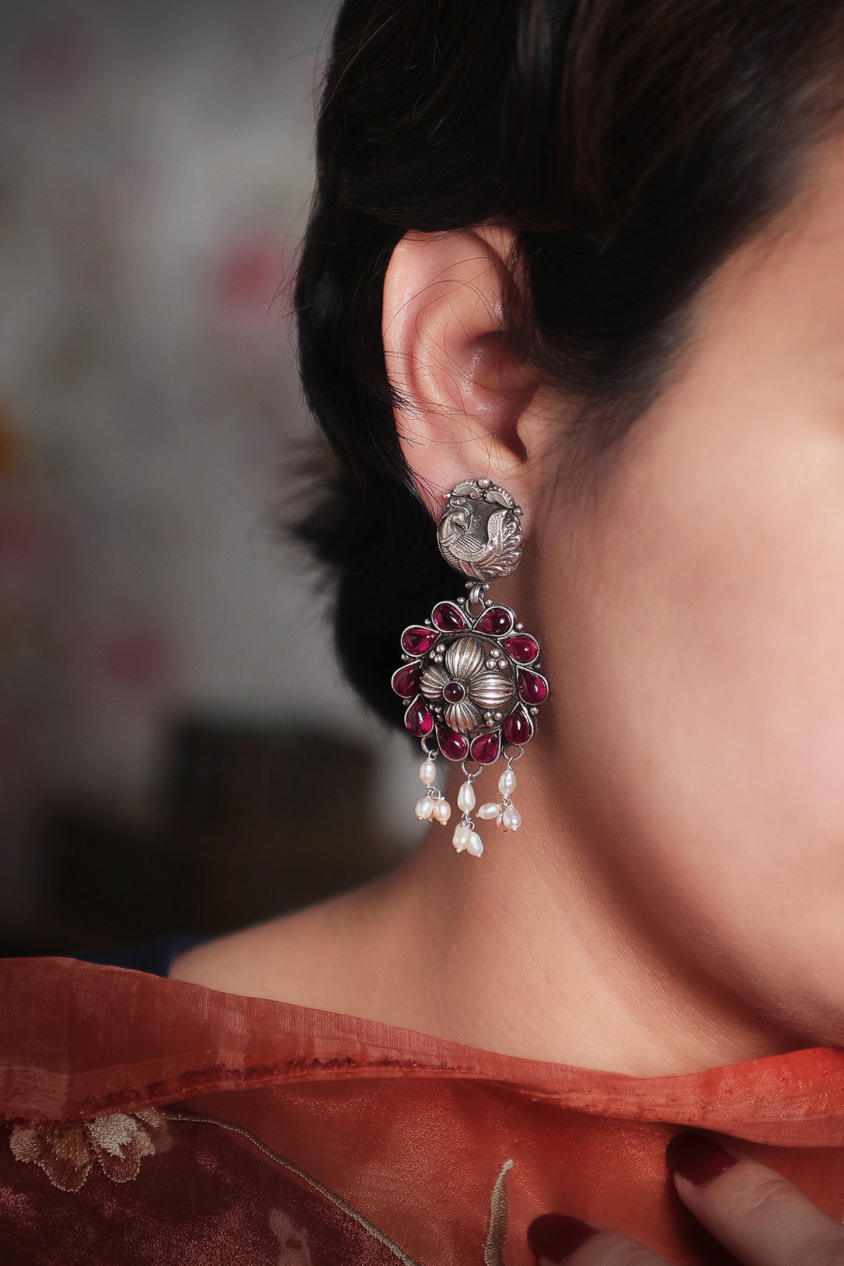 Pink Silver Earrings with Pearls