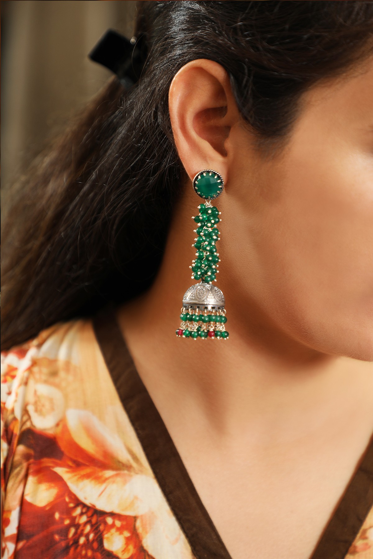 Green Stone Silver Jhumka