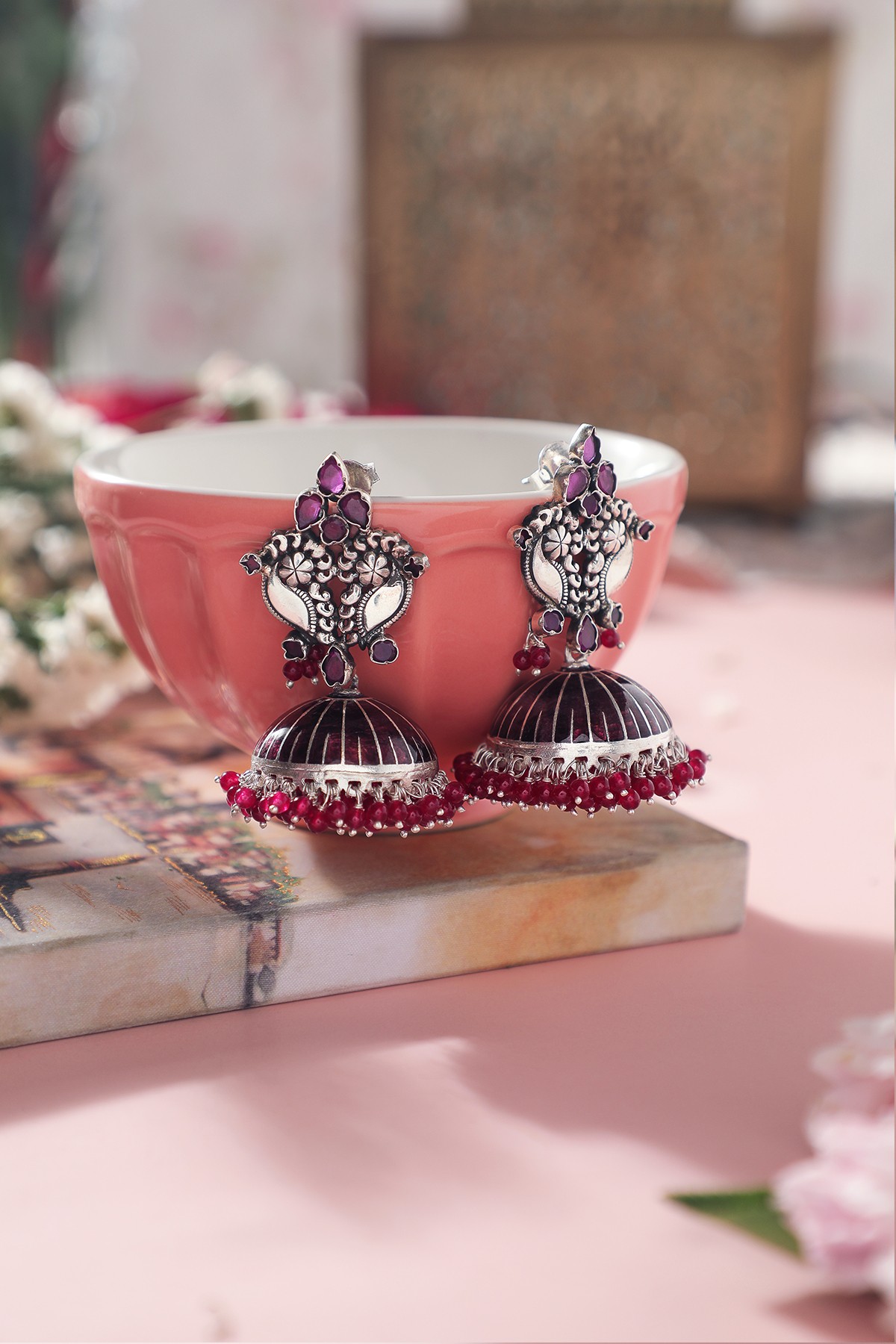 Pink Tone Silver Jhumkis